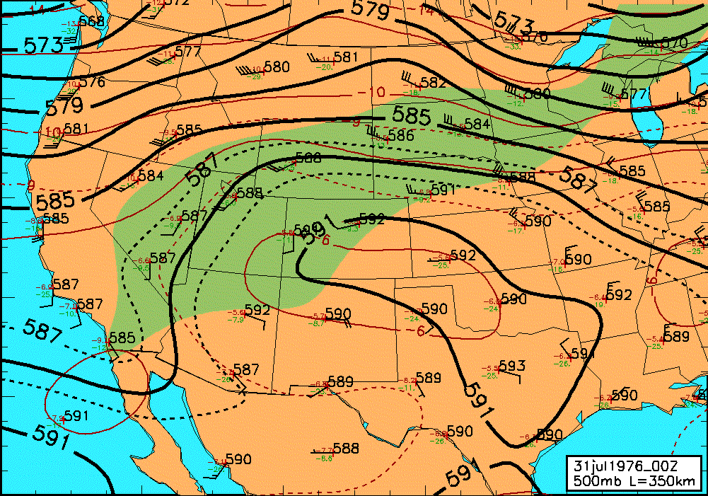 31 jul1976 0000 GMT 500mb Analysis L=350 1-pass Analytic Approximation ).)