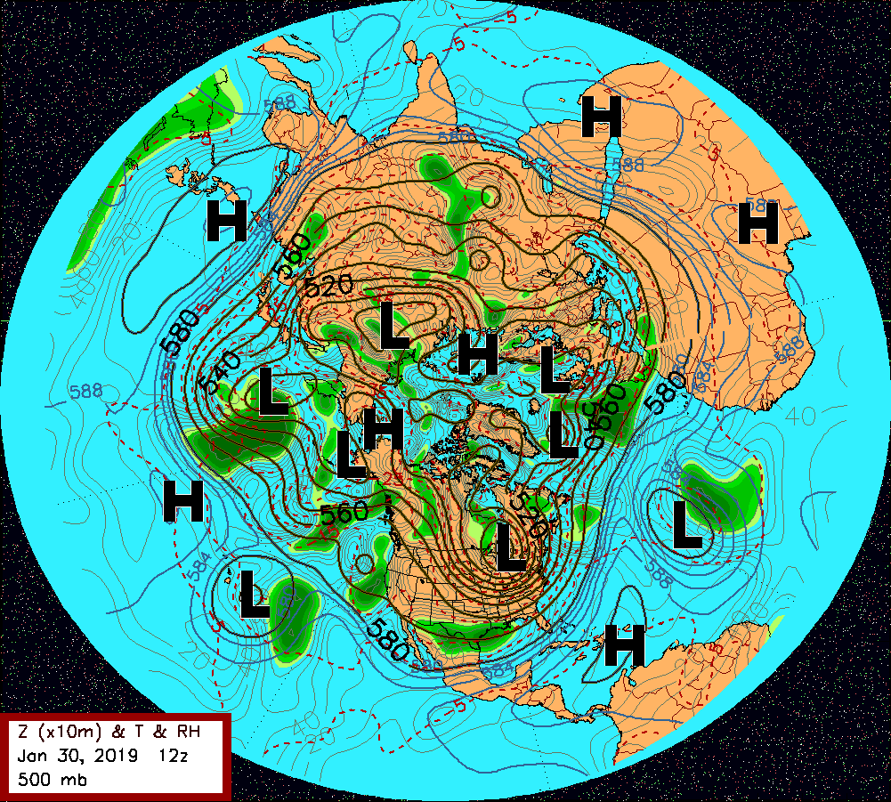 30jan2019_12z_500mb-Rean_Z_T_RH weather analysis at 500mb for 30 Jan 2019 12z